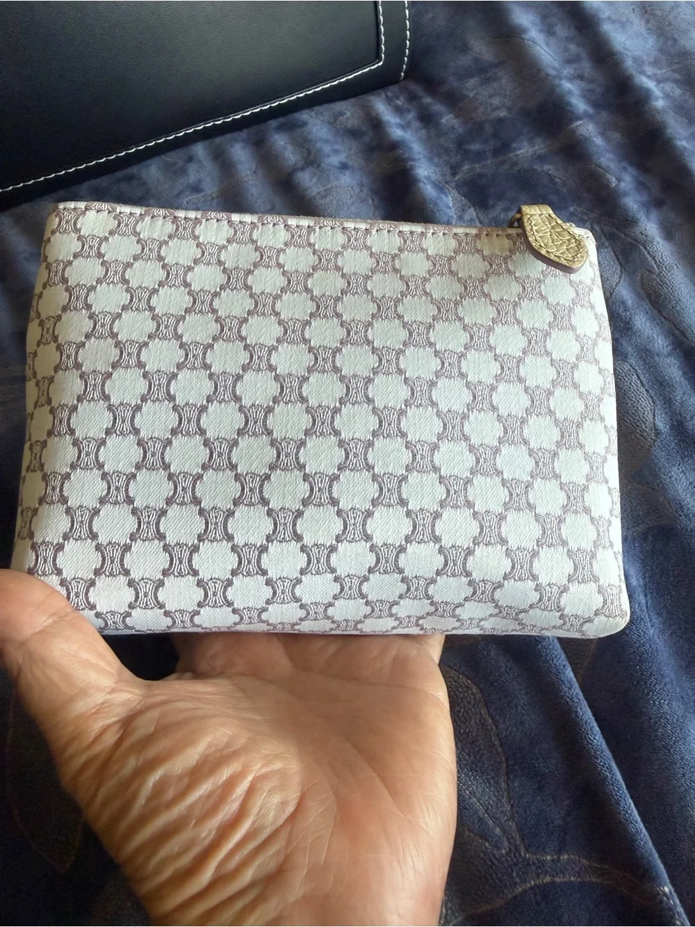 Authentic CELINE Cream Patterned Women's Zip Pouch with Cream Trim